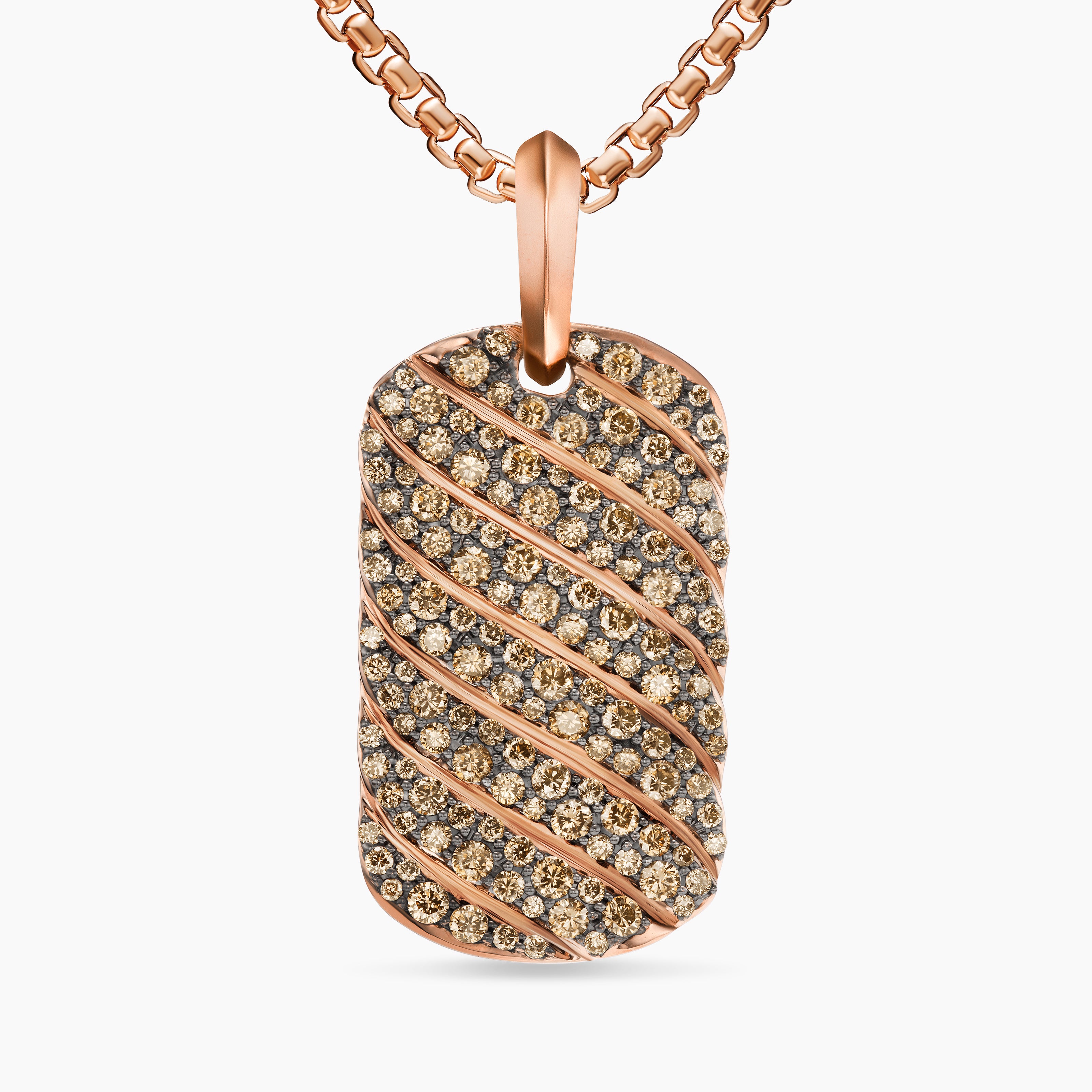 Mens Sculpted Cable Tag in 18K Rose Gold with Cognac Diamonds, 27mm