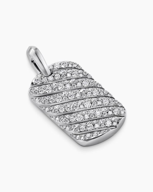 Mens Sculpted Cable Tag in 18K White Gold with Diamonds, 27mm