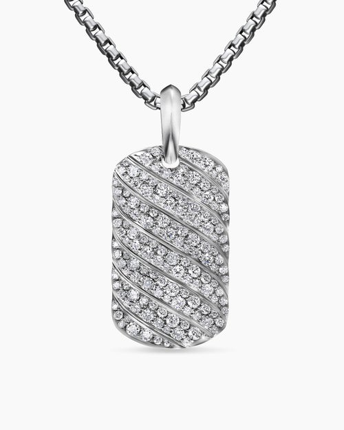 Mens Sculpted Cable Tag in 18K White Gold with Diamonds, 27mm