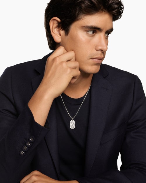 Mens Sculpted Cable Tag in Sterling Silver with Diamonds, 27mm