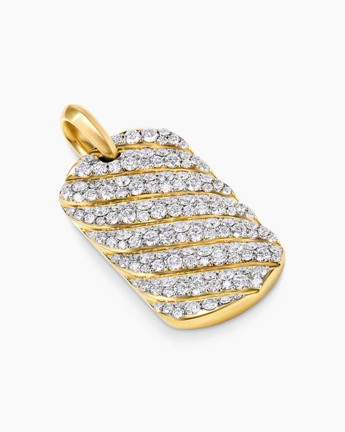 Mens Sculpted Cable Tag in 18K Yellow Gold with Diamonds, 35mm