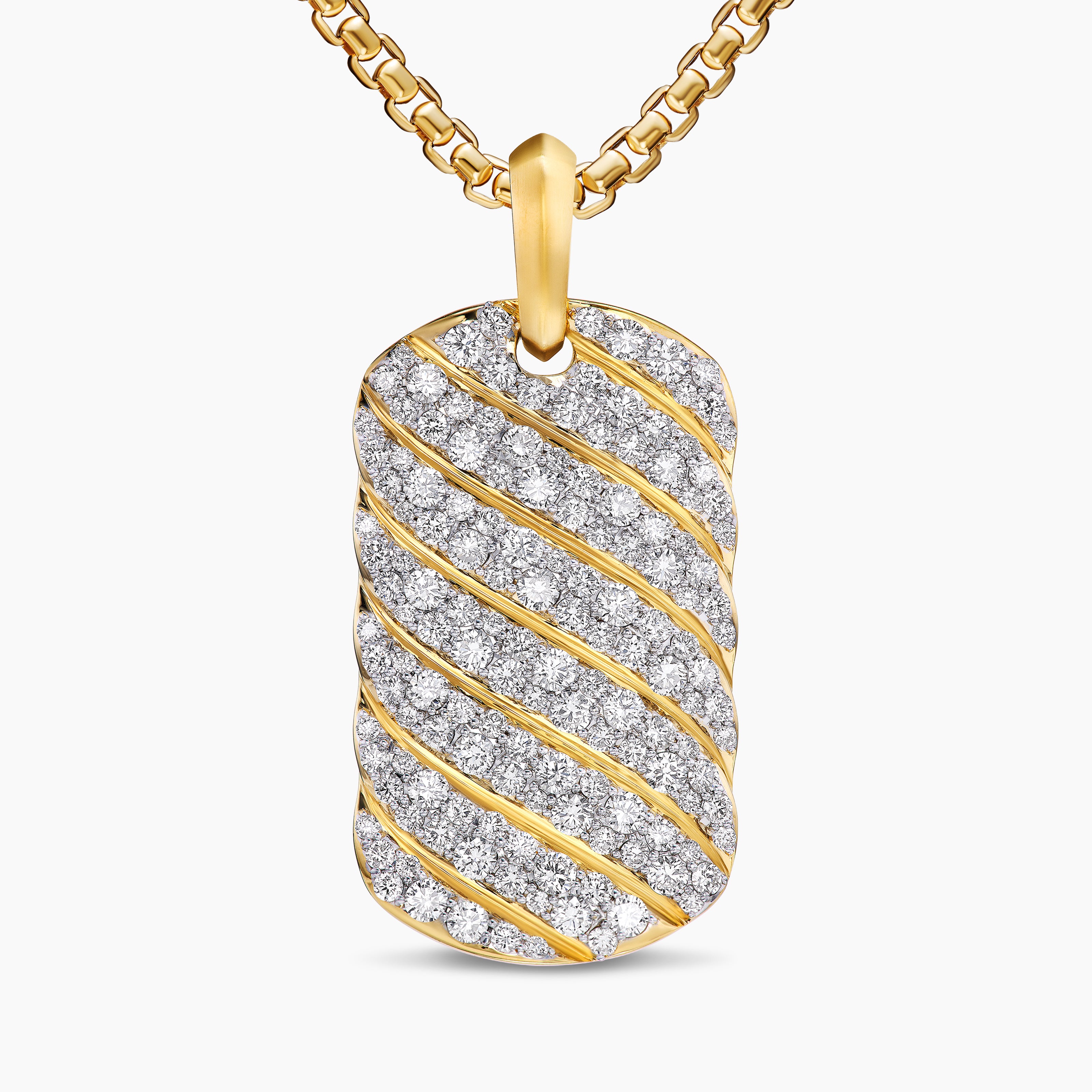 Mens Sculpted Cable Tag in 18K Yellow Gold with Diamonds, 35mm