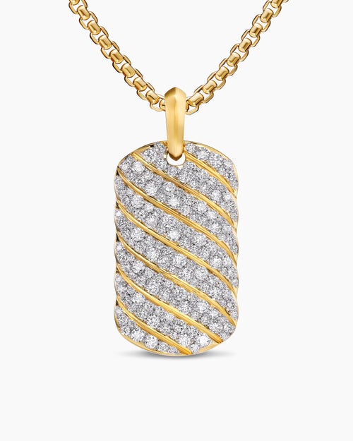 Mens Sculpted Cable Tag in 18K Yellow Gold with Diamonds, 35mm