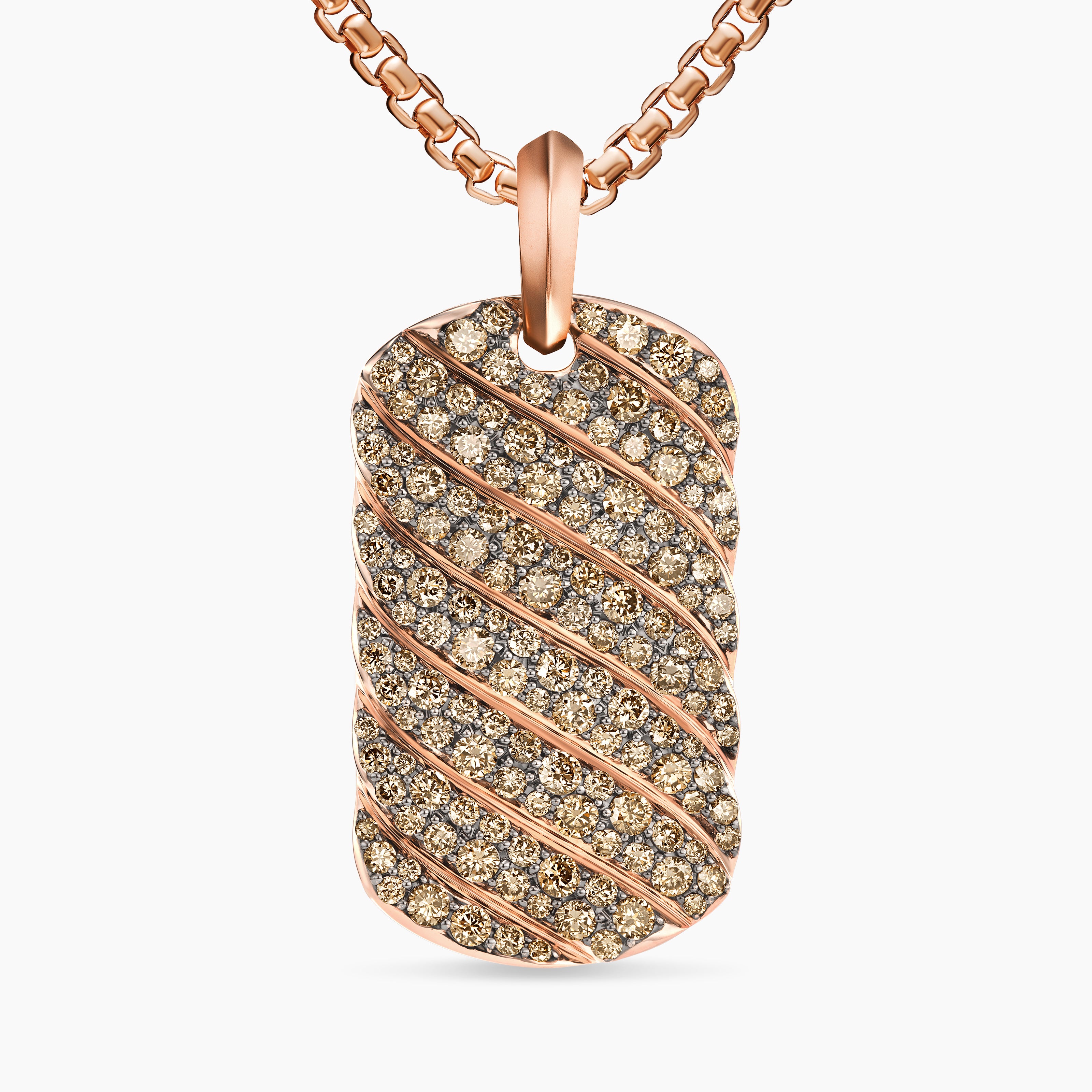 Mens Sculpted Cable Tag in 18K Rose Gold with Cognac Diamonds, 35mm