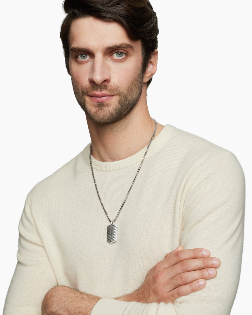 Mens Sculpted Cable Tag in Sterling Silver, 35mm