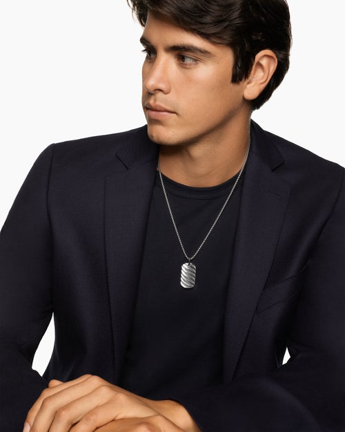 Mens Sculpted Cable Tag in 18K White Gold, 35mm