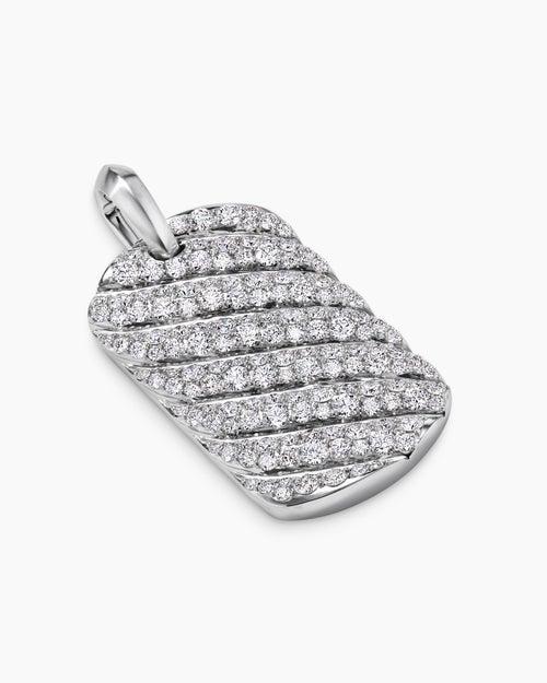 Mens Sculpted Cable Tag in 18K White Gold with Diamonds, 35mm