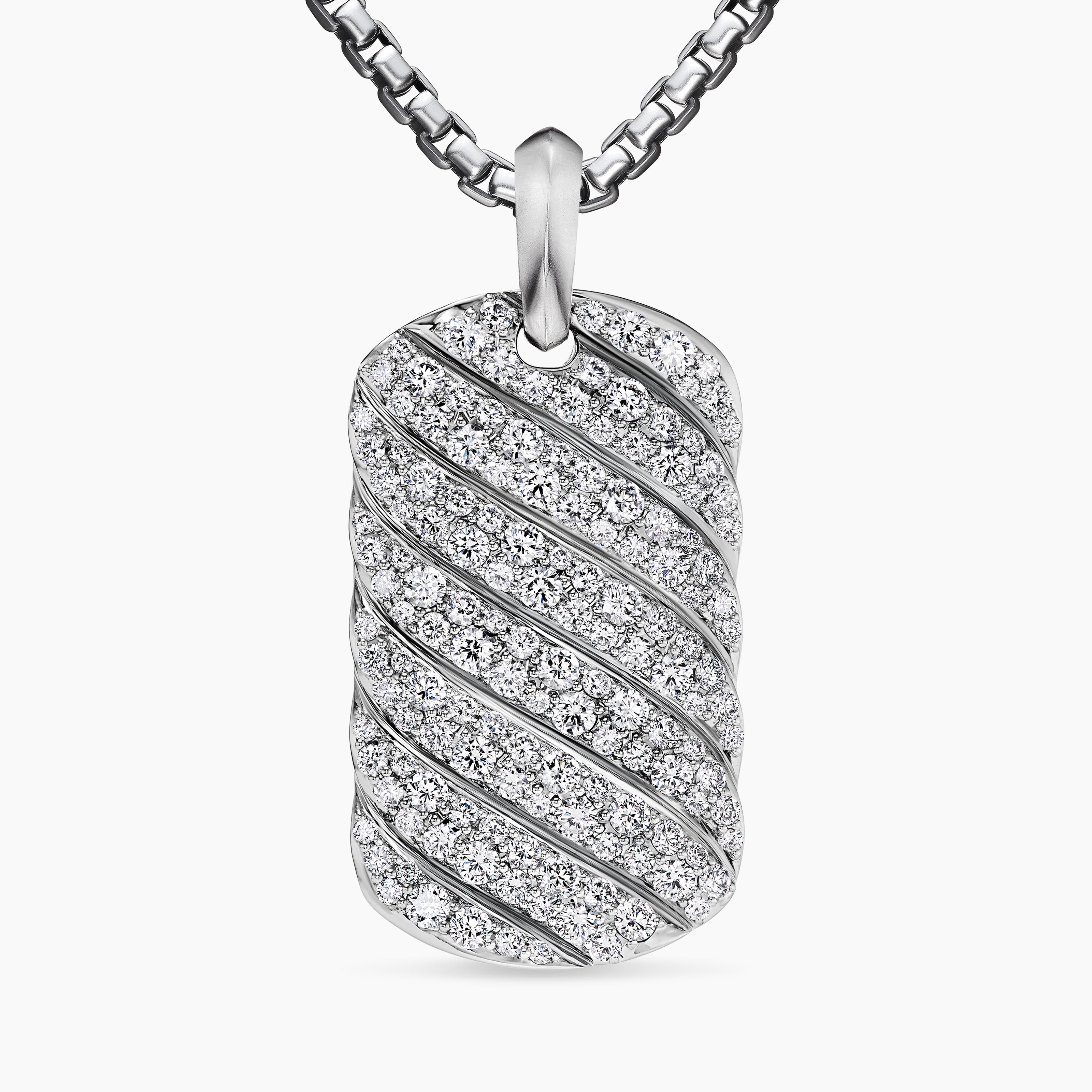 Mens Sculpted Cable Tag in 18K White Gold with Diamonds, 35mm