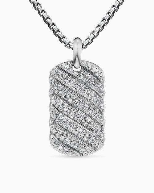 Mens Sculpted Cable Tag in 18K White Gold with Diamonds, 35mm