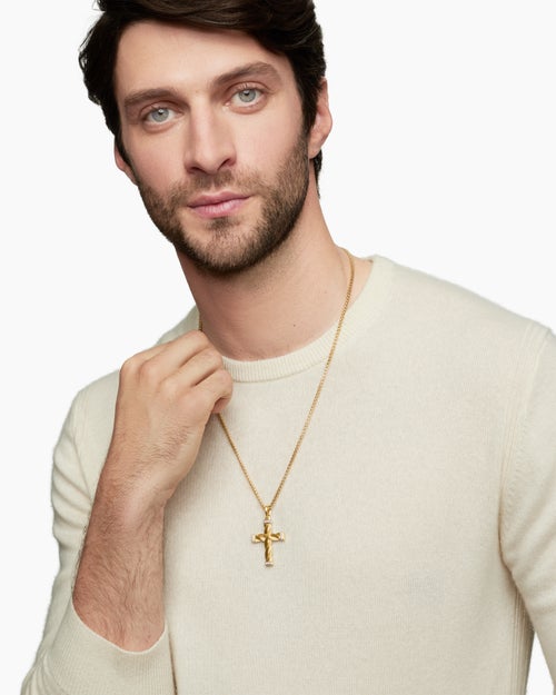 Mens DY Helios™ Cross Pendant in 18K Yellow Gold with Diamonds, 36mm