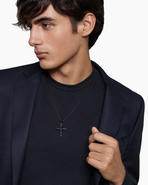 Mens DY Helios™ Cross Pendant in Black Titanium with Black Diamonds, 36mm