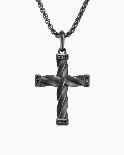 Mens DY Helios™ Cross Pendant in Black Titanium with Black Diamonds, 36mm