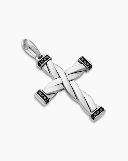 Mens DY Helios™ Cross Pendant in Sterling Silver with Black Diamonds, 36mm