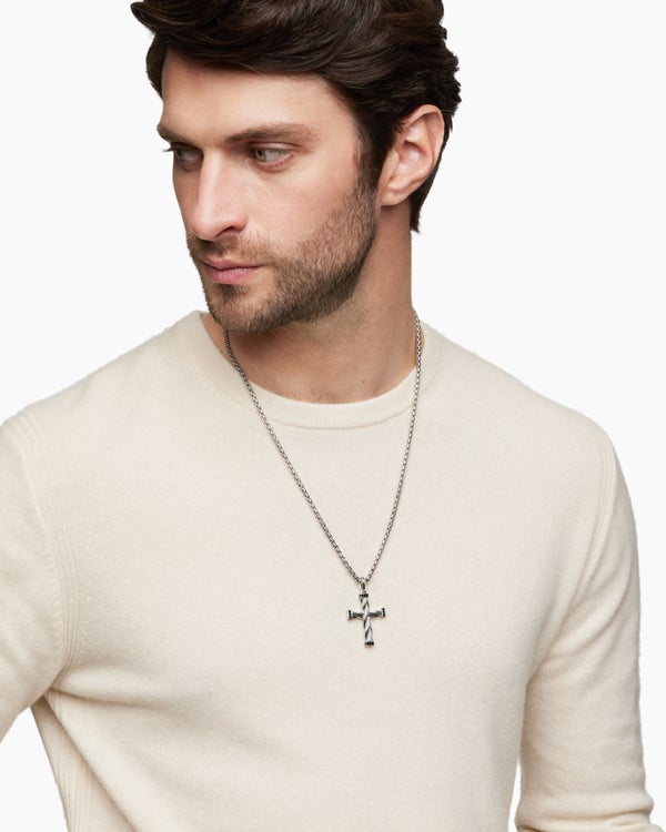 DY Helios™ Cross Pendant in Sterling Silver with Black Diamonds, 48mm