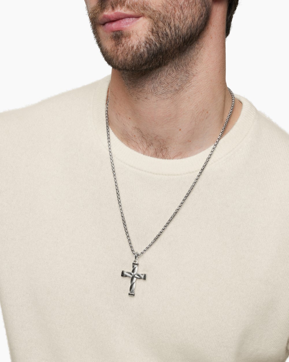 Pendentif Croix DY Helios™ en argent sterling avec diamants noirs, 36 mm hommes