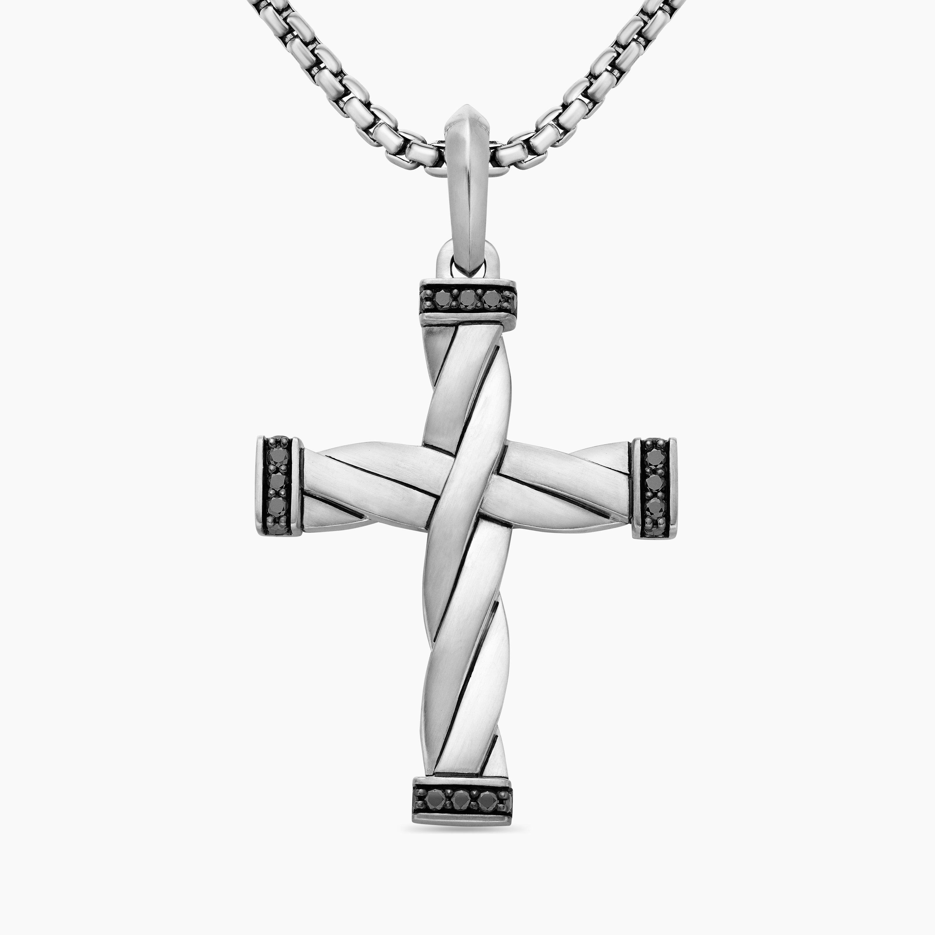 Mens DY Helios&trade; Cross Pendant in Sterling Silver with Black Diamonds, 36mm
