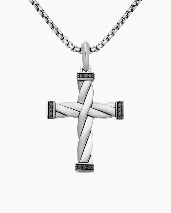 DY Helios™ Cross Pendant in Sterling Silver with Black Diamonds, 36mm