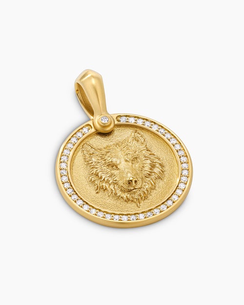 Mens Petrvs® Wolf Amulet in 18K Yellow Gold with Diamonds, 21mm