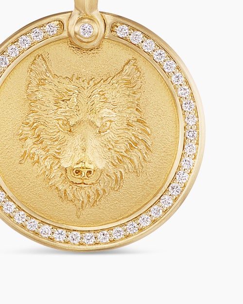 Mens Petrvs® Wolf Amulet in 18K Yellow Gold with Diamonds, 21mm