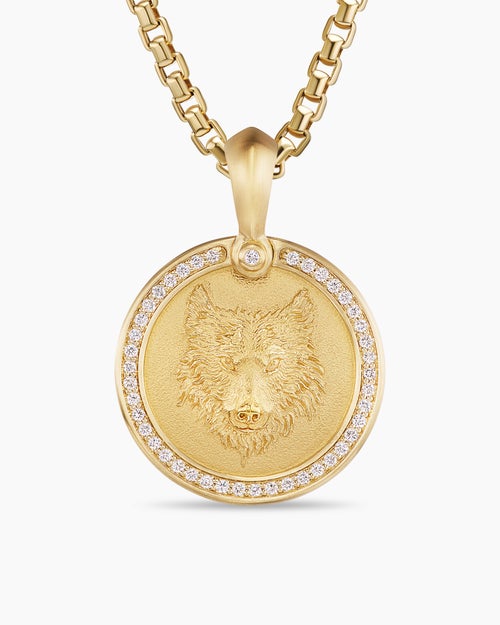 Mens Petrvs® Wolf Amulet in 18K Yellow Gold with Diamonds, 21mm