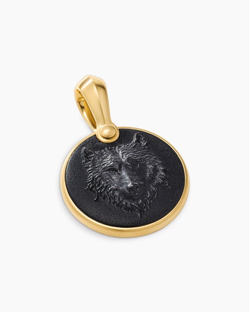 Mens Petrvs® Wolf Amulet in 18K Yellow Gold with Black Onyx, 21mm