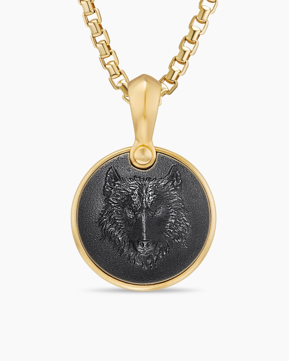Mens Petrvs® Wolf Amulet in 18K Yellow Gold with Black Onyx, 21mm