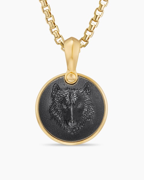 Mens Petrvs® Wolf Amulet in 18K Yellow Gold with Black Onyx, 21mm