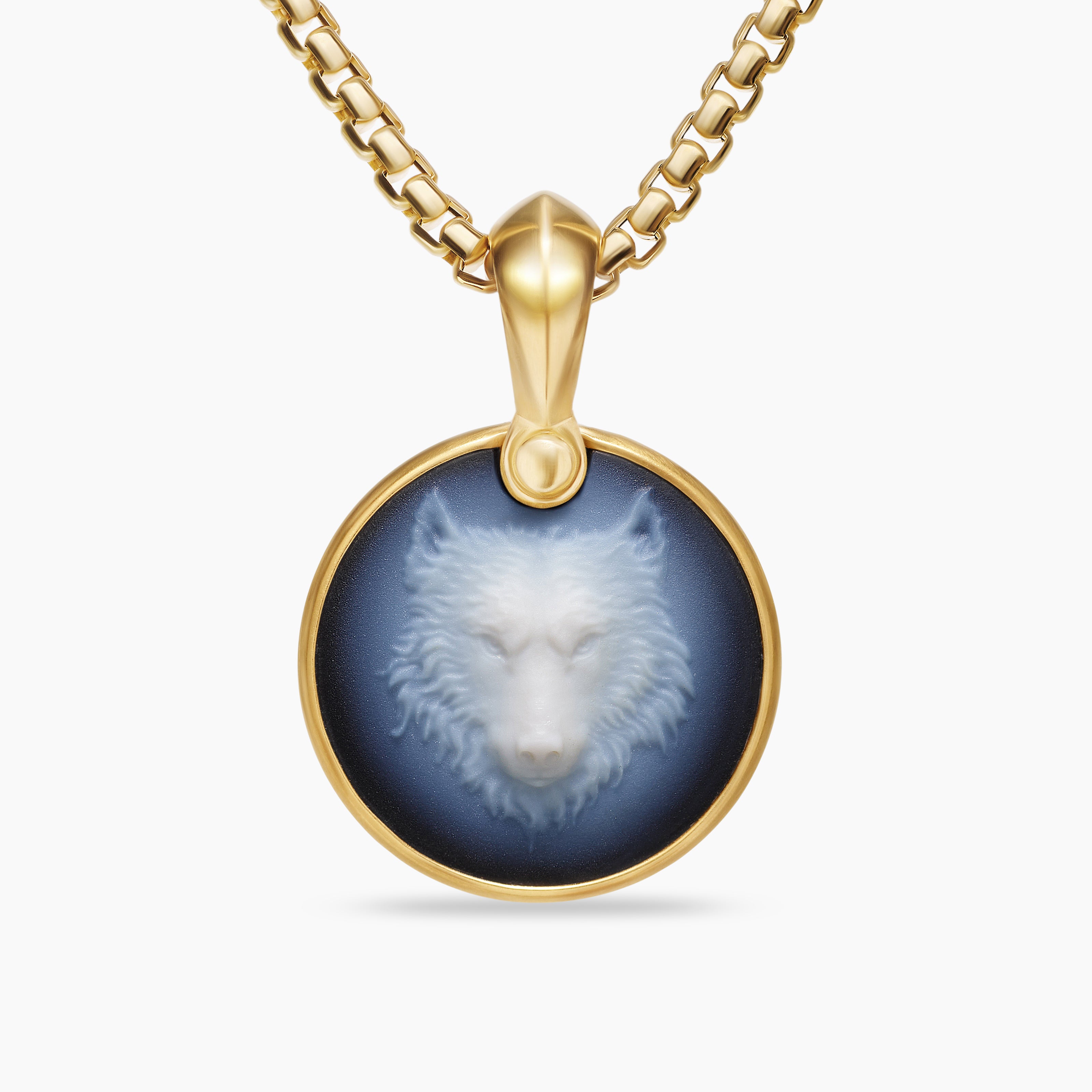 Mens Petrvs&reg; Wolf Amulet in 18K Yellow Gold with Banded Agate, 21mm