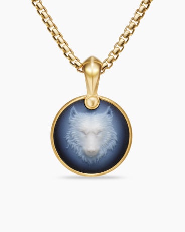 Petrvs® Wolf Amulet in 18K Yellow Gold with Banded Agate, 30.6mm