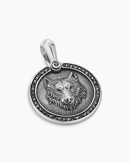 Mens Petrvs® Wolf Amulet in Sterling Silver with Black Diamonds, 21mm