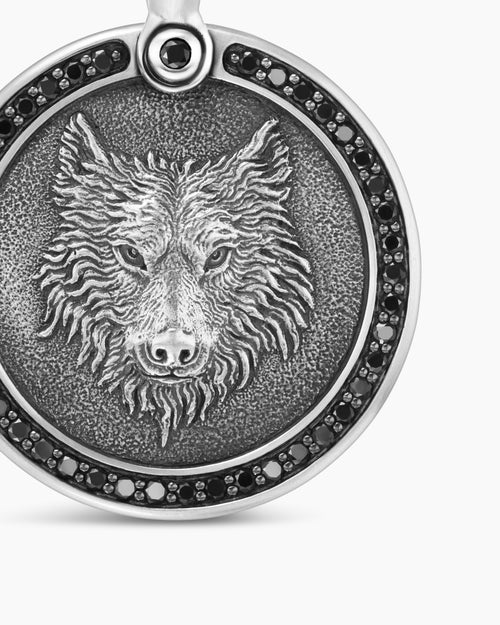 Mens Petrvs® Wolf Amulet in Sterling Silver with Black Diamonds, 21mm