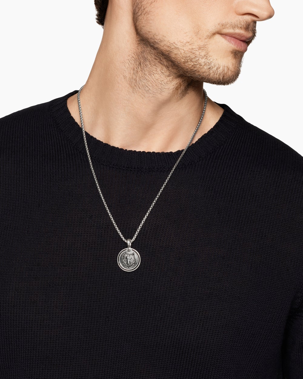 Mens Petrvs® Wolf Amulet in Sterling Silver with Black Diamonds, 21mm