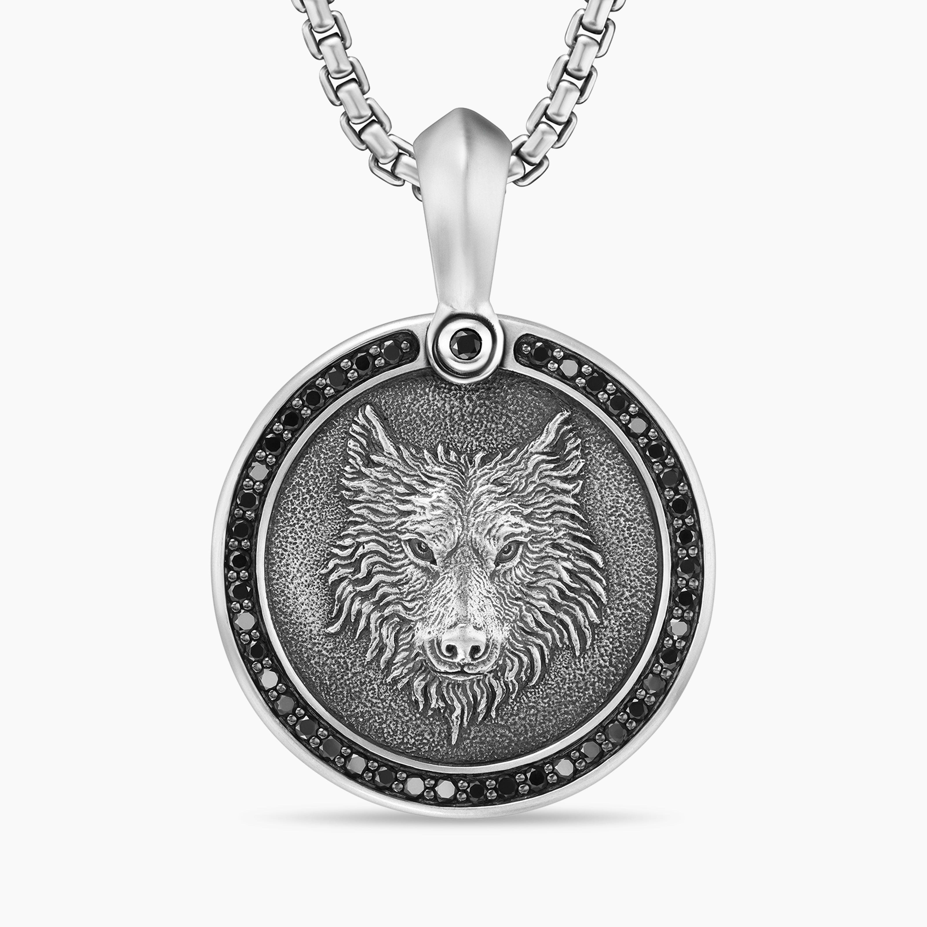 Mens Petrvs&reg; Wolf Amulet in Sterling Silver with Black Diamonds, 21mm