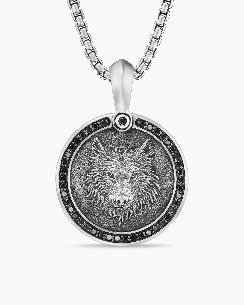 Mens Petrvs® Wolf Amulet in Sterling Silver with Black Diamonds, 21mm