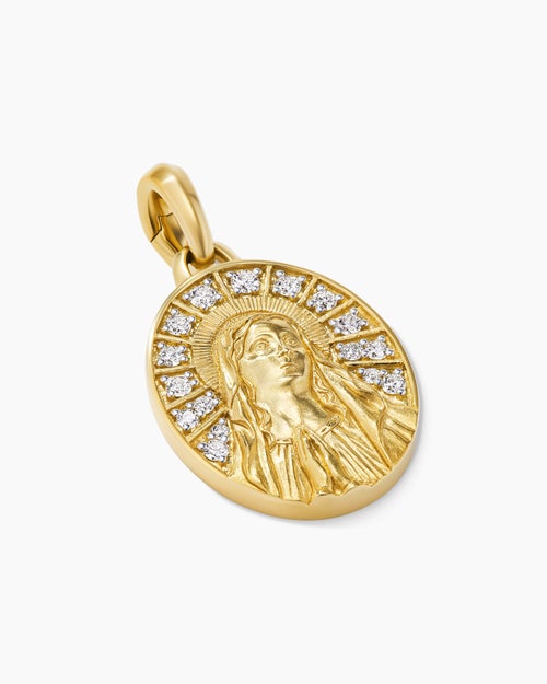 Mens Mary Amulet in 18K Yellow Gold with Diamonds, 20mm