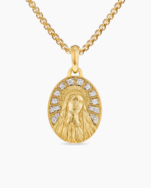 Mens Mary Amulet in 18K Yellow Gold with Diamonds, 20mm