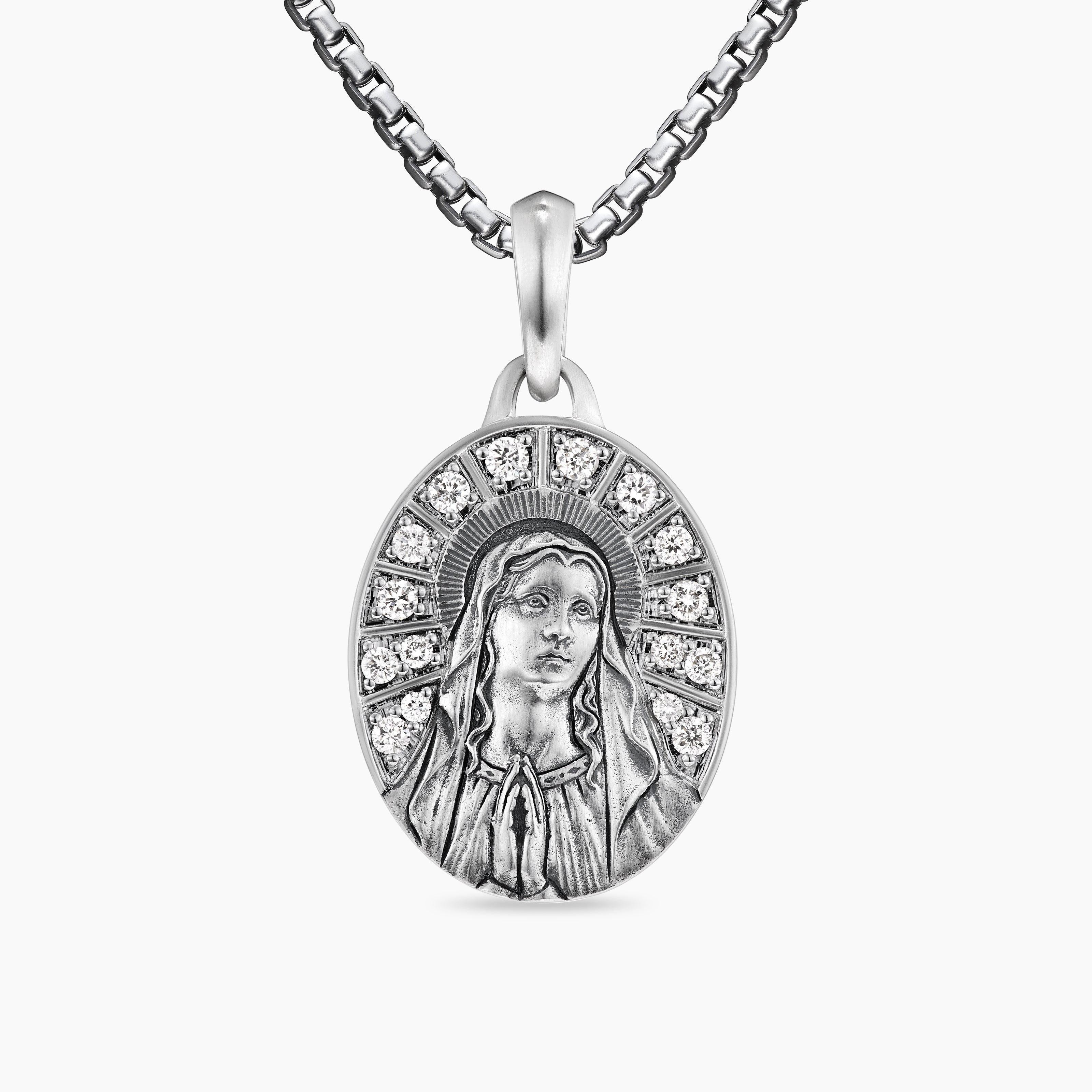 Mens Mary Amulet in Sterling Silver with Diamonds, 20mm