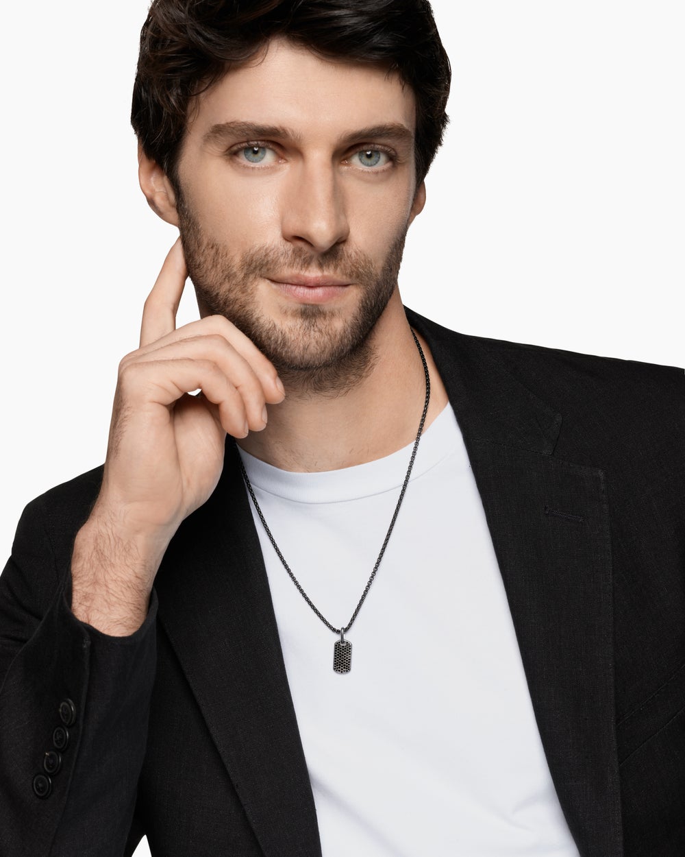 Mens Chevron Tag in Black Titanium with Sterling Silver and Black Diamonds, 21mm