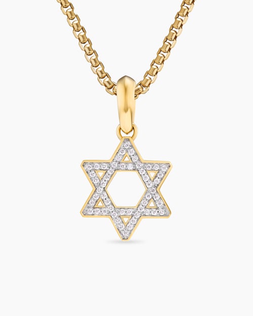 Mens Star of David Pendant in 18K Yellow Gold with Diamonds, 19mm