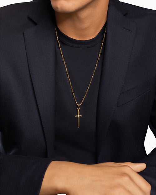 Mens Sword Amulet in 18K Yellow Gold with Diamond, 45mm