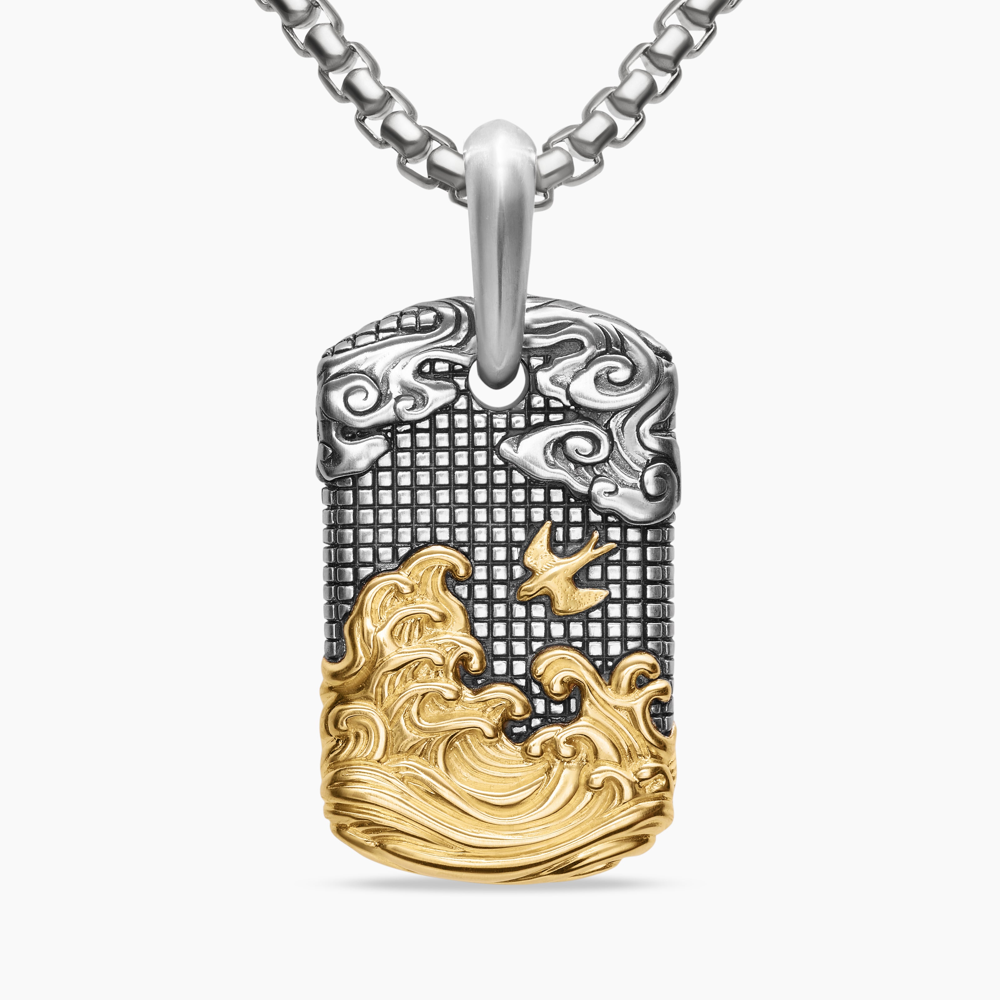 Mens Waves Tag in Sterling Silver with 18K Yellow Gold, 27mm