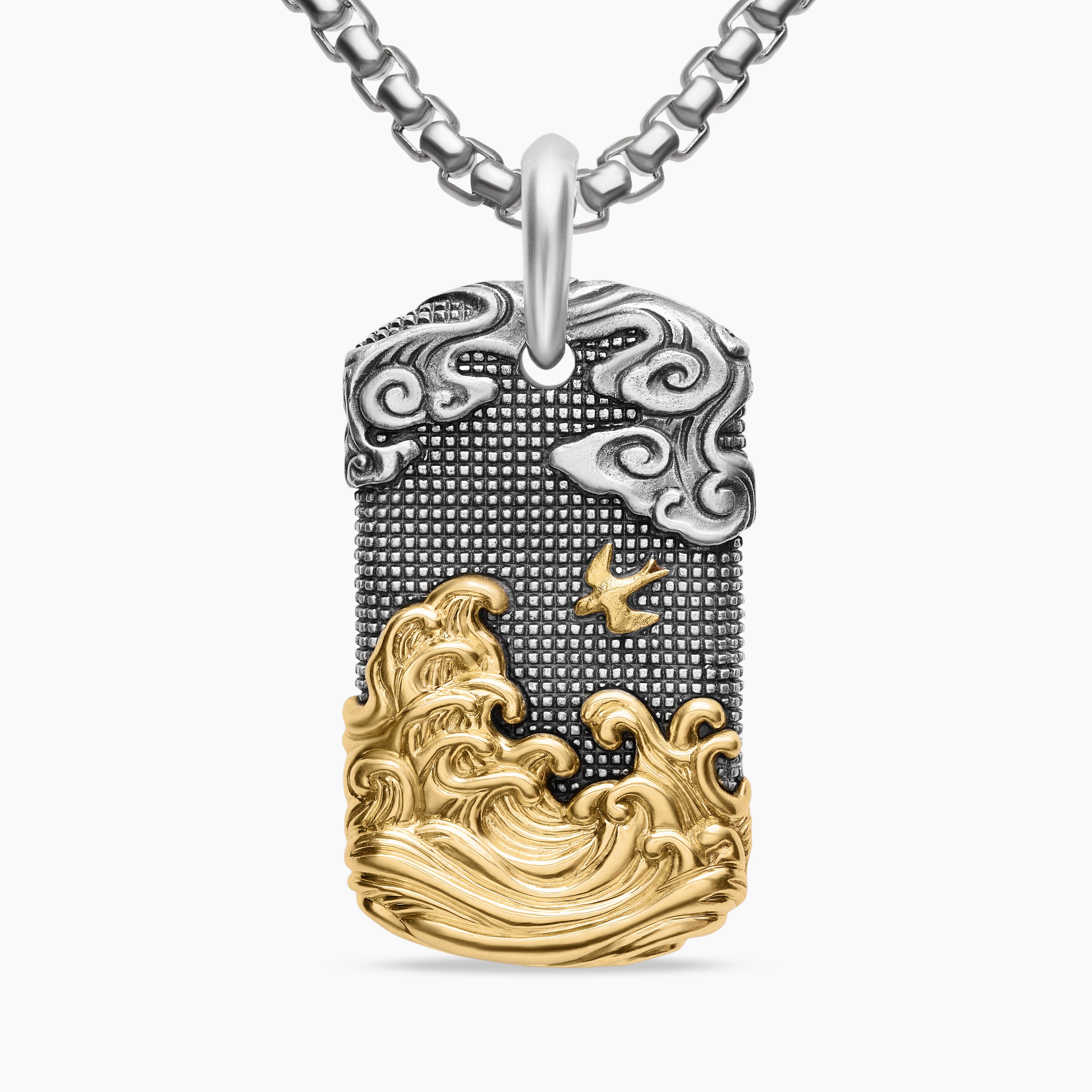Mens Waves Tag in Sterling Silver with 18K Yellow Gold, 42mm