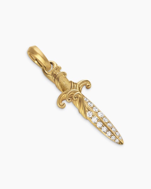 Mens Waves Dagger Amulet in 18K Yellow Gold with Diamonds, 31mm