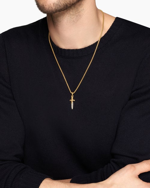 Mens Waves Dagger Amulet in 18K Yellow Gold with Diamonds, 31mm