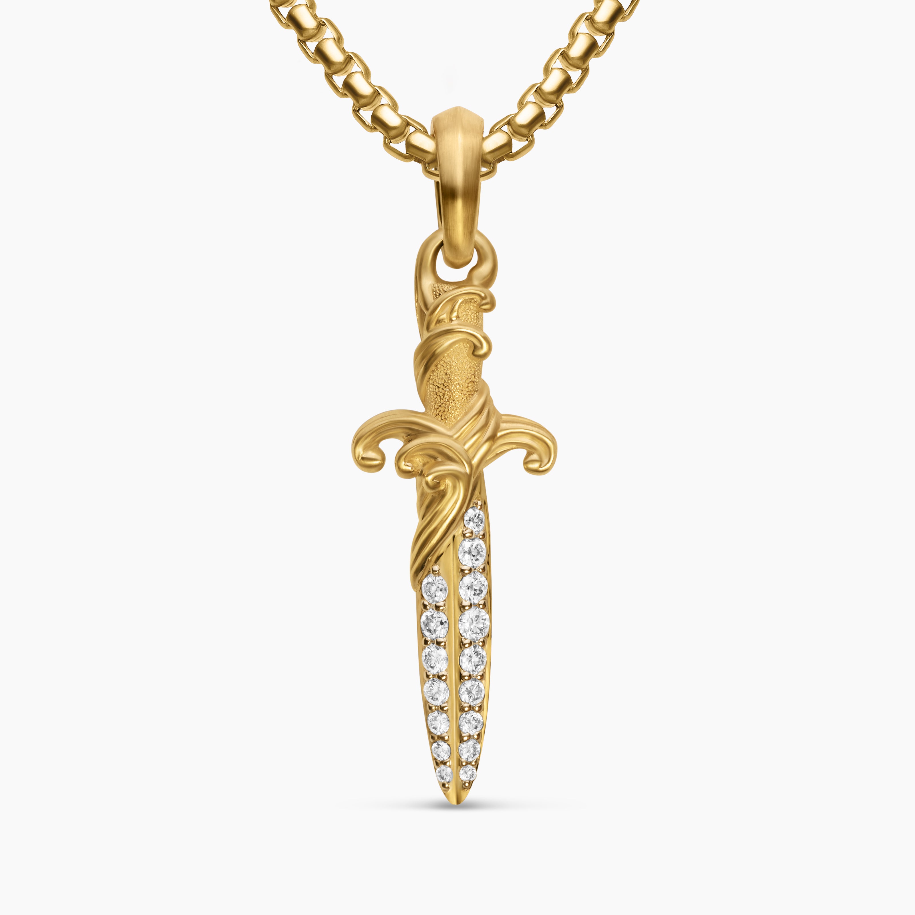 Mens Waves Dagger Amulet in 18K Yellow Gold with Diamonds, 31mm