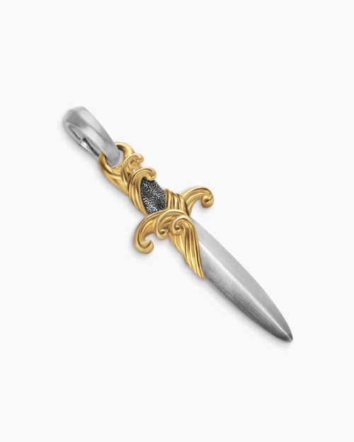 Mens Waves Dagger Amulet in Sterling Silver with 18K Yellow Gold, 31mm