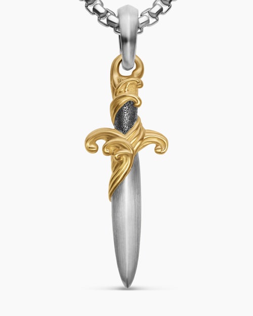 Mens Waves Dagger Amulet in Sterling Silver with 18K Yellow Gold, 31mm