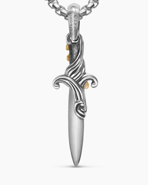 Mens Waves Dagger Amulet in Sterling Silver with 18K Yellow Gold, 31mm