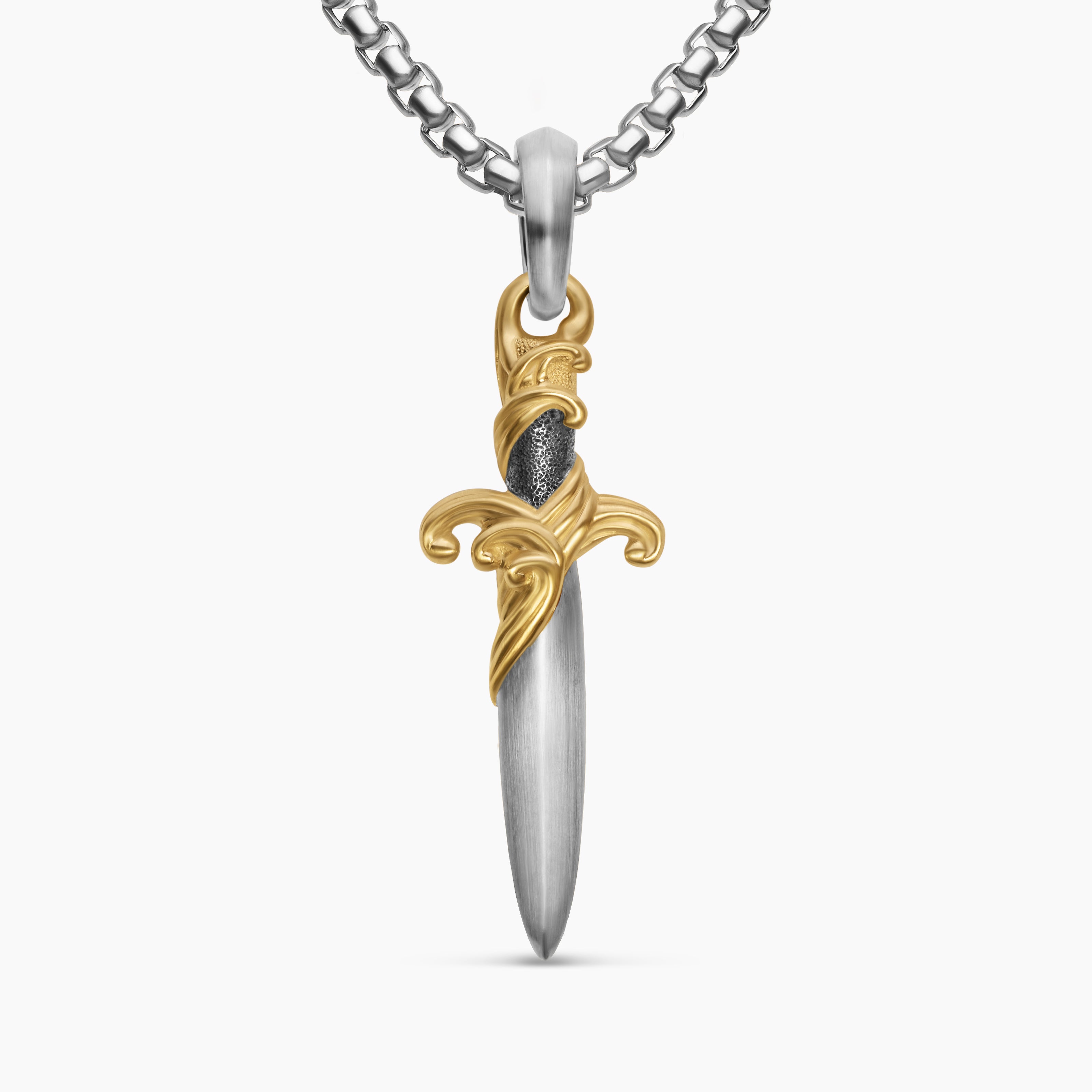 Mens Waves Dagger Amulet in Sterling Silver with 18K Yellow Gold, 31mm