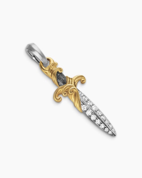 Mens Waves Dagger Amulet in Sterling Silver with 18K Yellow Gold with Diamonds, 31mm